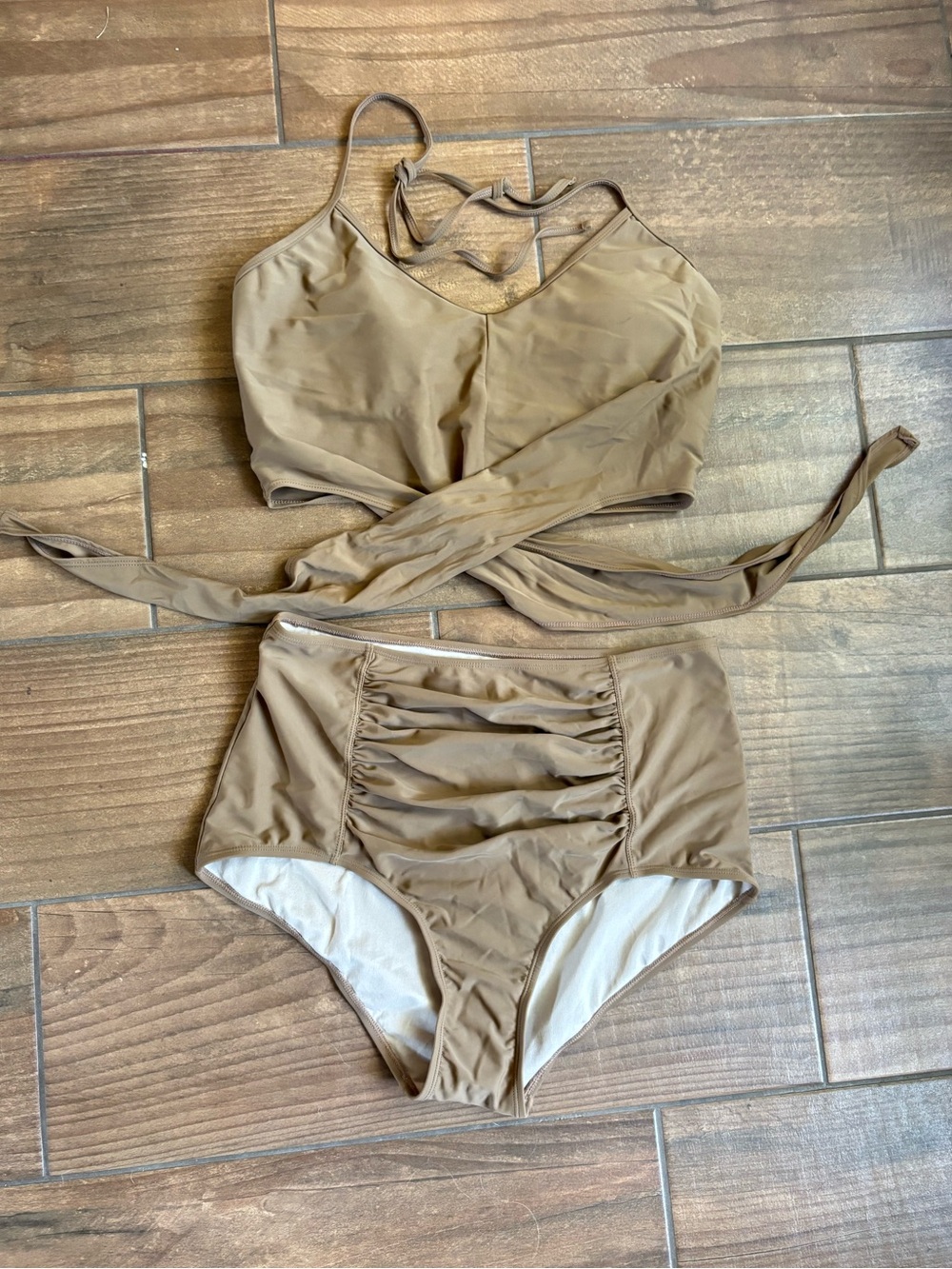 Kortni Jeane Tan Wrap/Tie Bikini Set High Waisted Ruched Bottoms Size XL